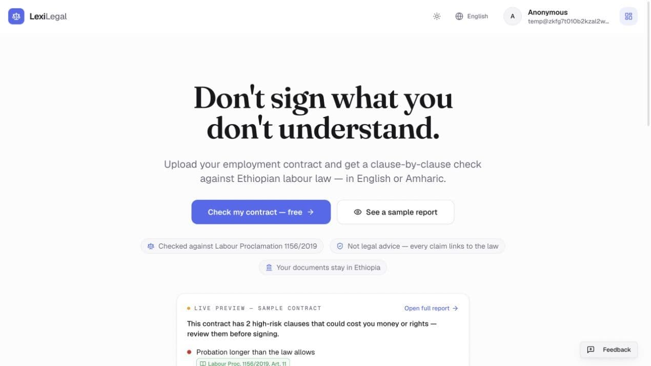 Lexi Legal AI homepage showing the Ethiopian employment contract review hero and trust badges